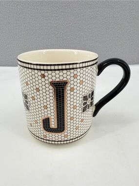Anthropologie Margot Bistro Tile Monogram "J" Ceramic Cup Mug Black Gold Mosaic